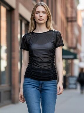 Hem & Thread Black Sheer Short-Sleeve Ruched Top NWT